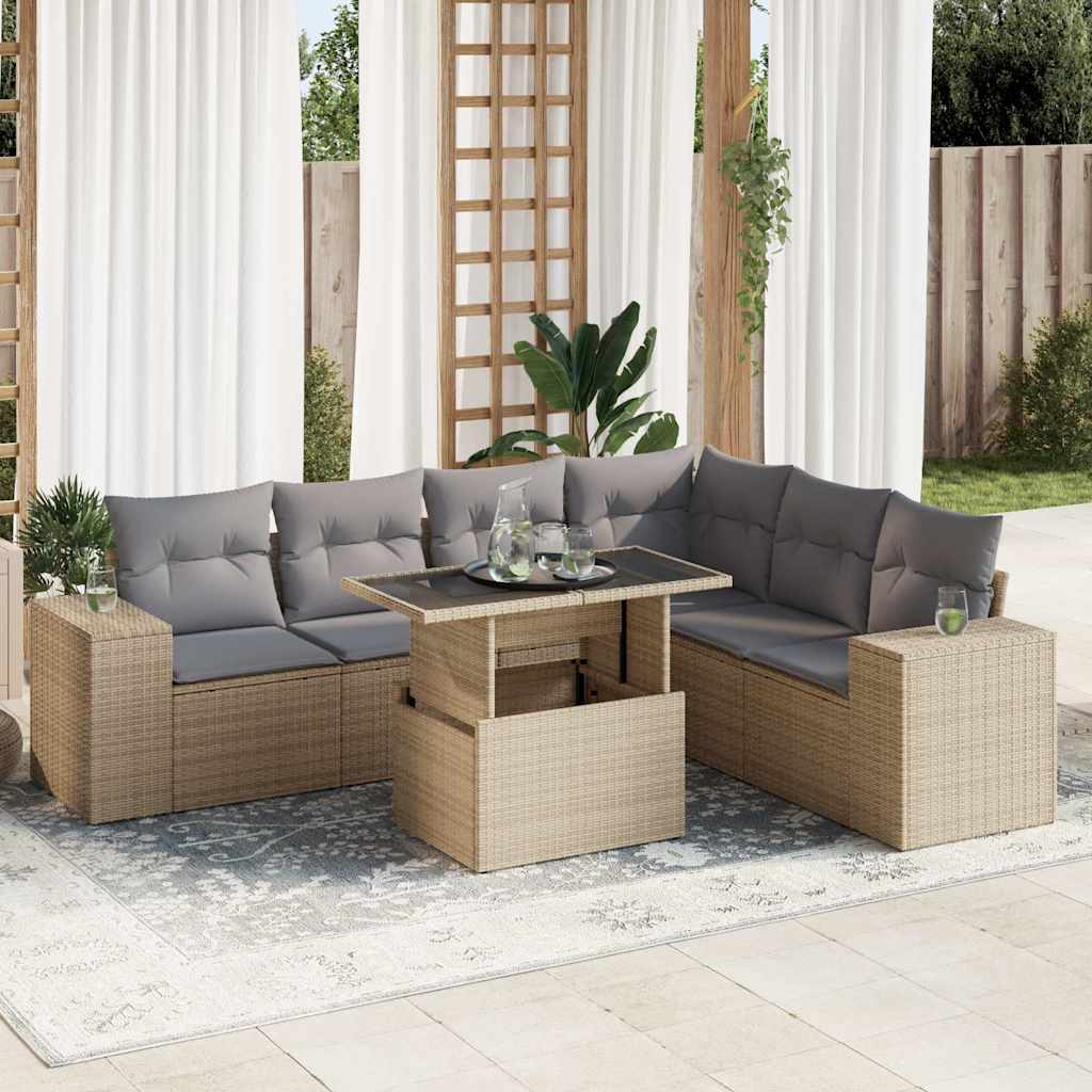 Set Divani da Giardino 7 pz con Cuscini Beige in Polyrattan