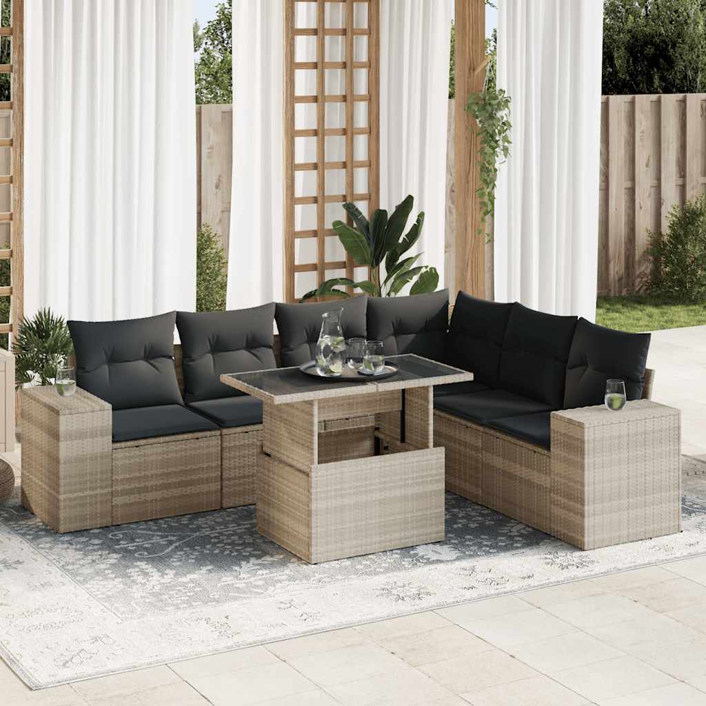 Set Divani da Giardino 7pz con Cuscini Grigio Chiaro Polyrattan