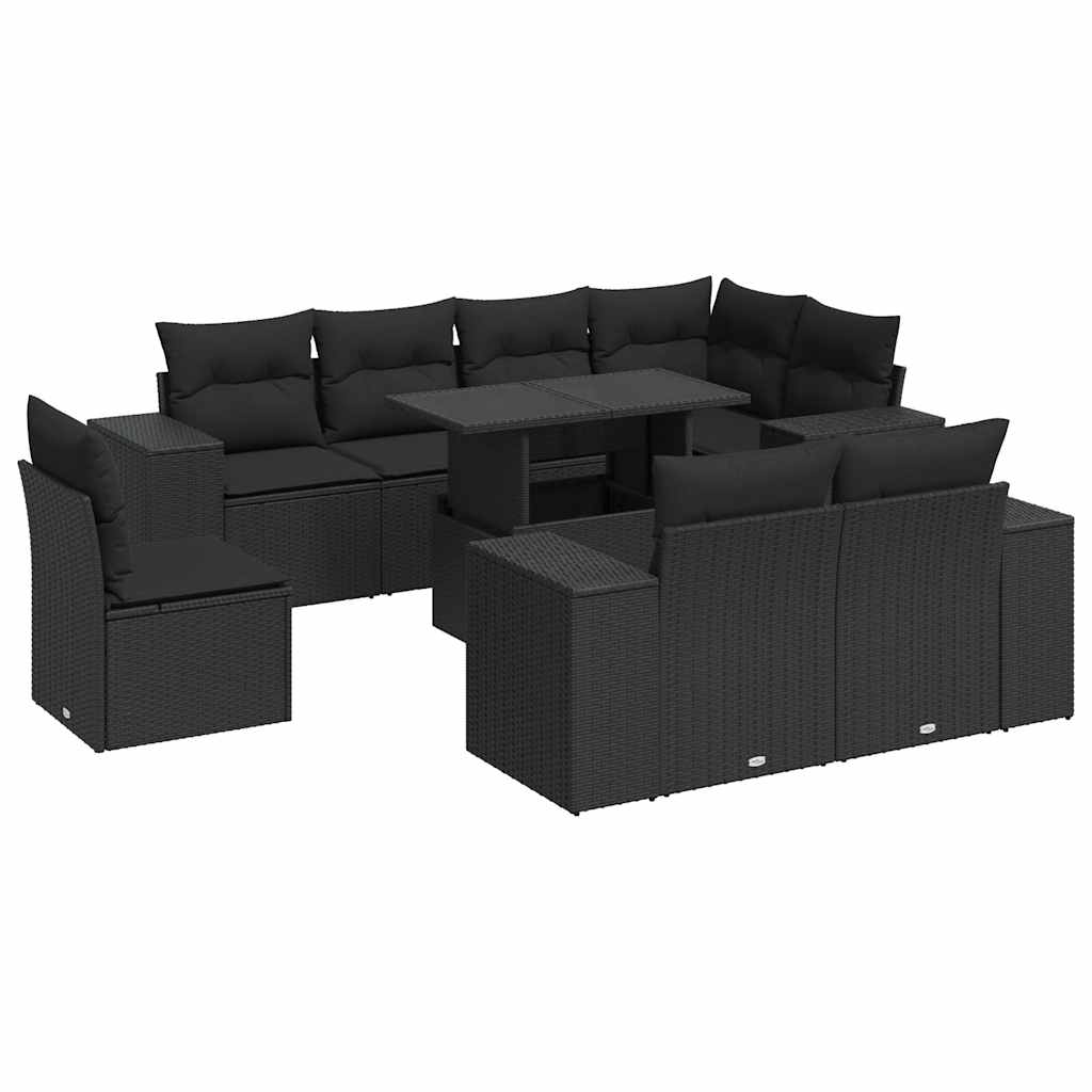 Set Divani da Giardino 9 pz con Cuscini Nero in Polyrattan