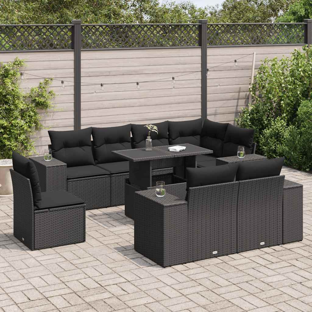 Set Divani da Giardino 9 pz con Cuscini Nero in Polyrattan