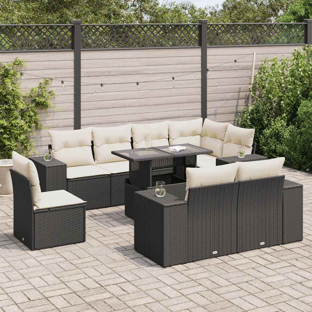 Set Divani da Giardino 9 pz con Cuscini Nero in Polyrattan