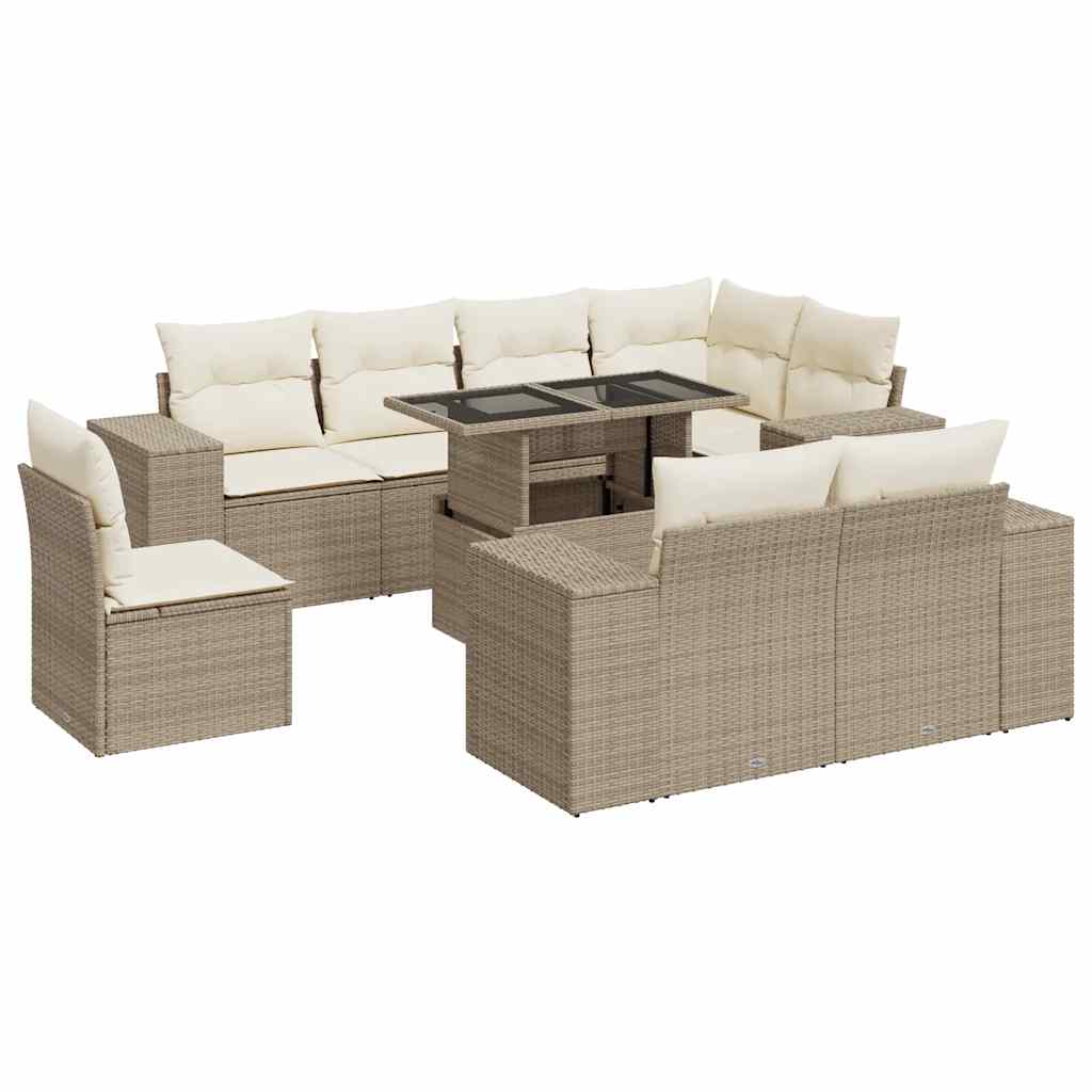 Set Divano da Giardino 9 pz con Cuscini Beige in Polyrattan