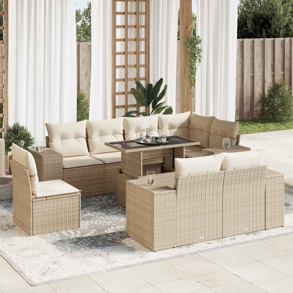 Set Divano da Giardino 9 pz con Cuscini Beige in Polyrattan