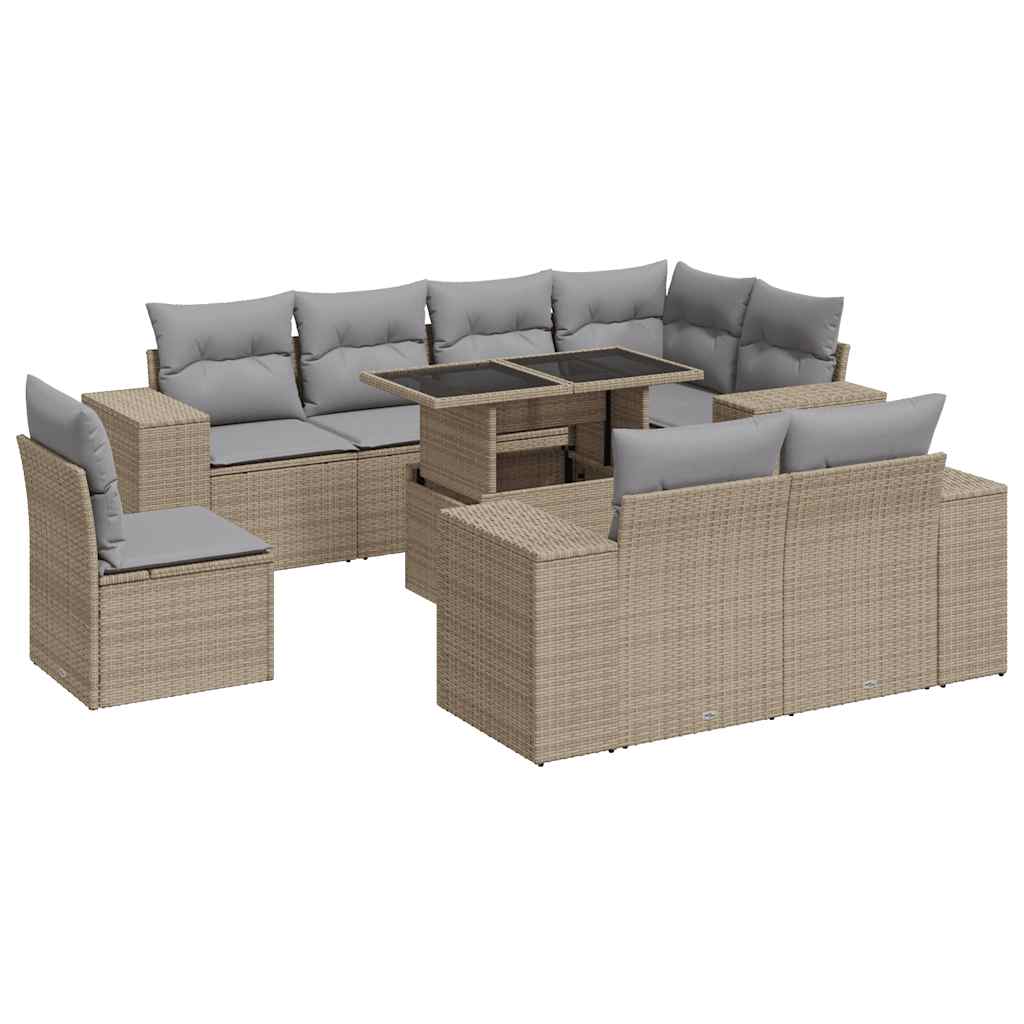 Set Divano da Giardino 9 pz con Cuscini Beige in Polyrattan