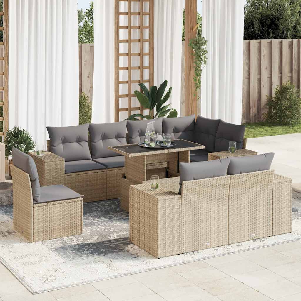 Set Divano da Giardino 9 pz con Cuscini Beige in Polyrattan