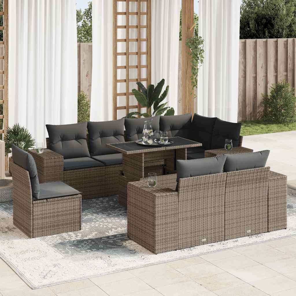 Set Divano da Giardino 9 pz con Cuscini Grigio in Polyrattan