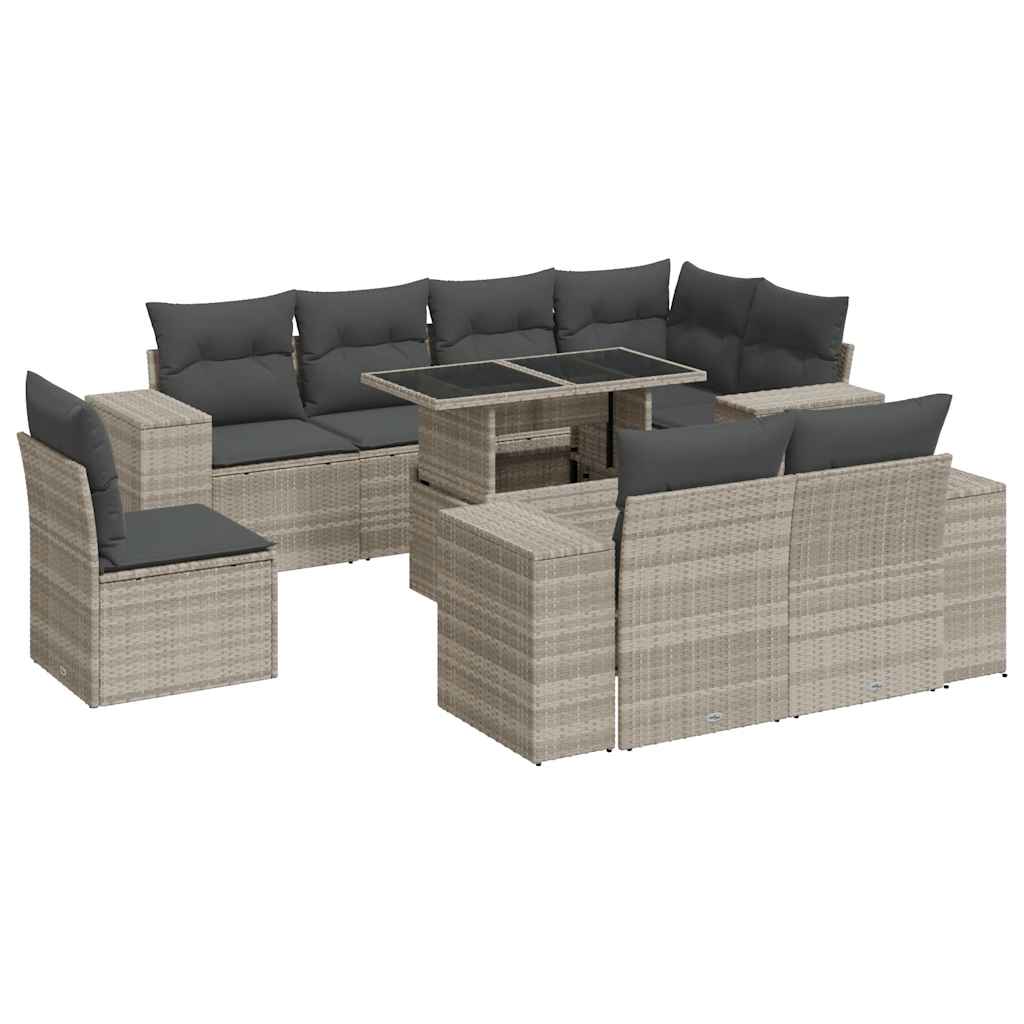 Set Divano da Giardino 9pz con Cuscini Grigio Chiaro Polyrattan