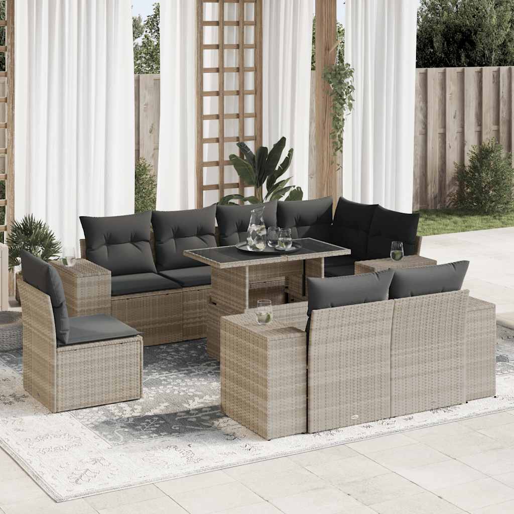 Set Divano da Giardino 9pz con Cuscini Grigio Chiaro Polyrattan