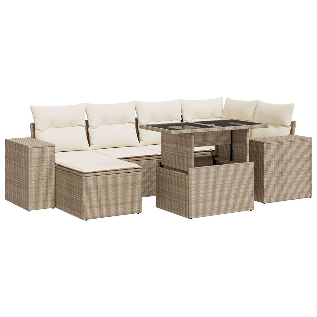 Set Divani da Giardino 7 pz con Cuscini Beige in Polyrattan