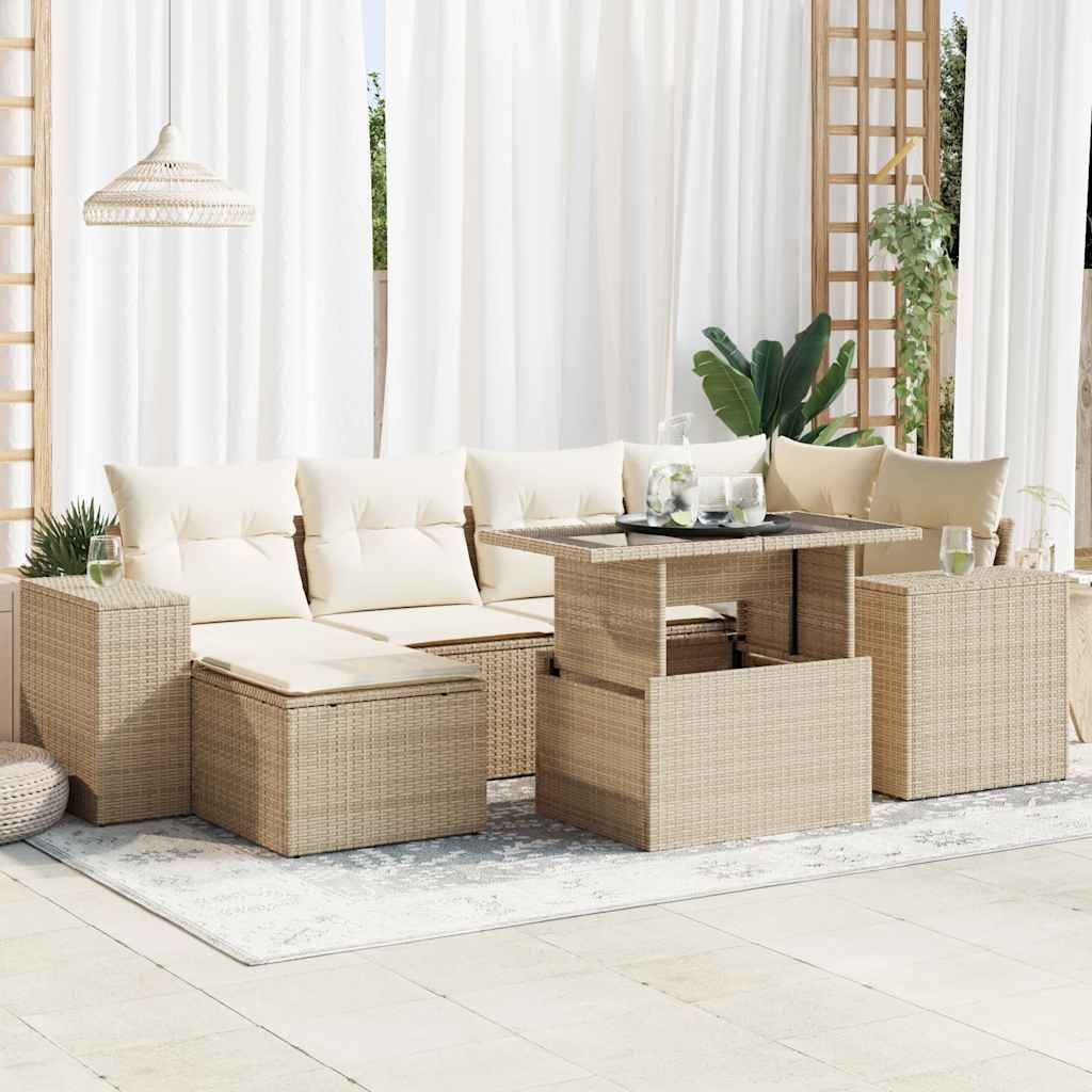 Set Divani da Giardino 7 pz con Cuscini Beige in Polyrattan