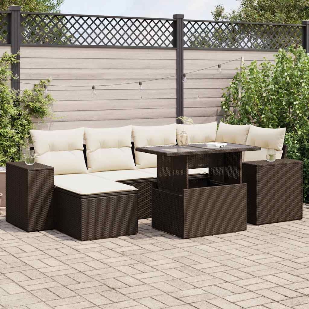 Set Divani da Giardino 7 pz con Cuscini Marrone in Polyrattan