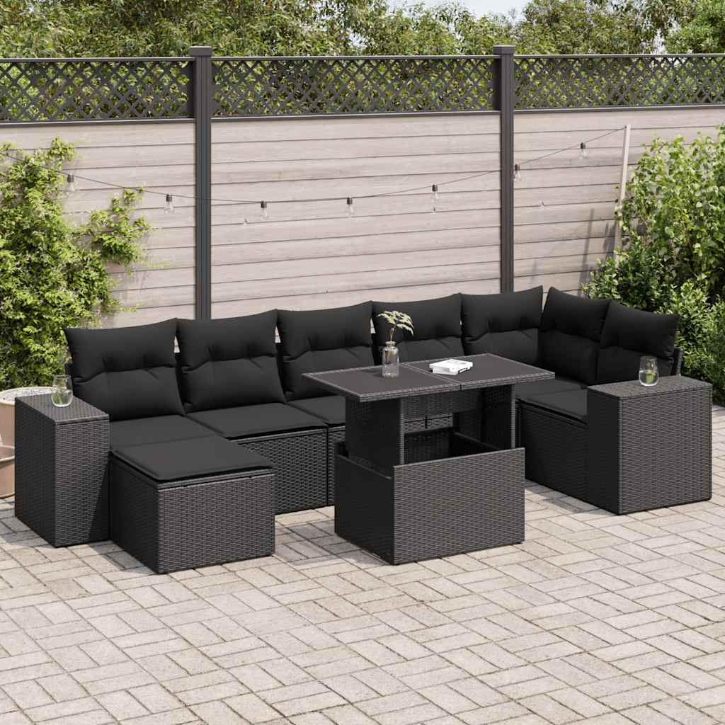 Set Divani da Giardino con Cuscini 8 pz Nero in Polyrattan