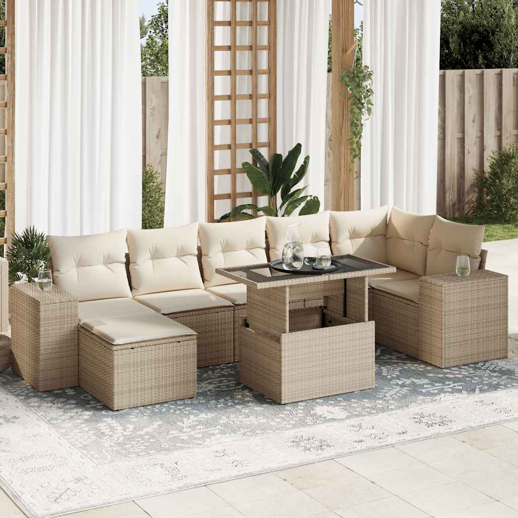 Set Divano da Giardino 8 pz con Cuscini Beige in Polyrattan