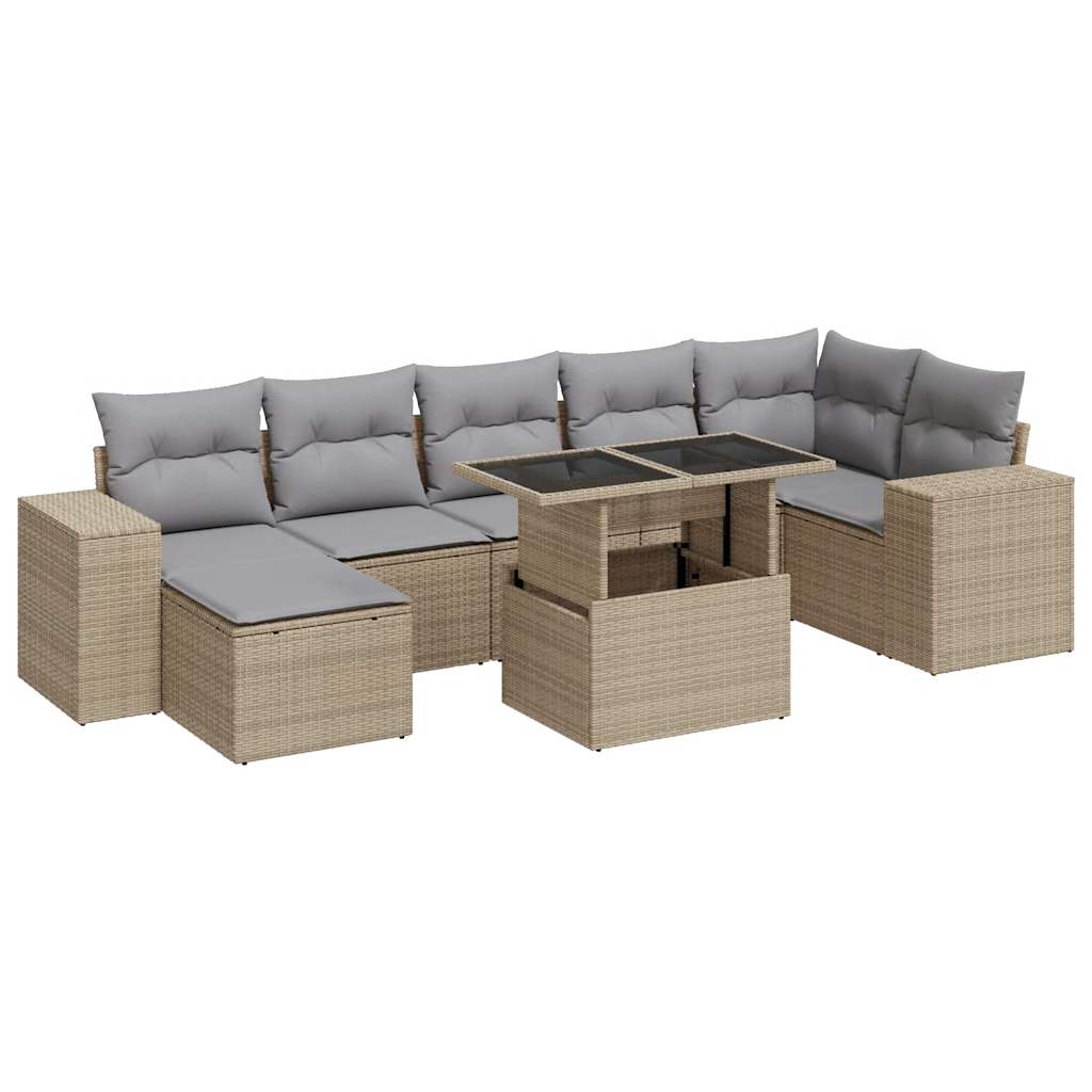 Set Divano da Giardino 8 pz con Cuscini Beige in Polyrattan