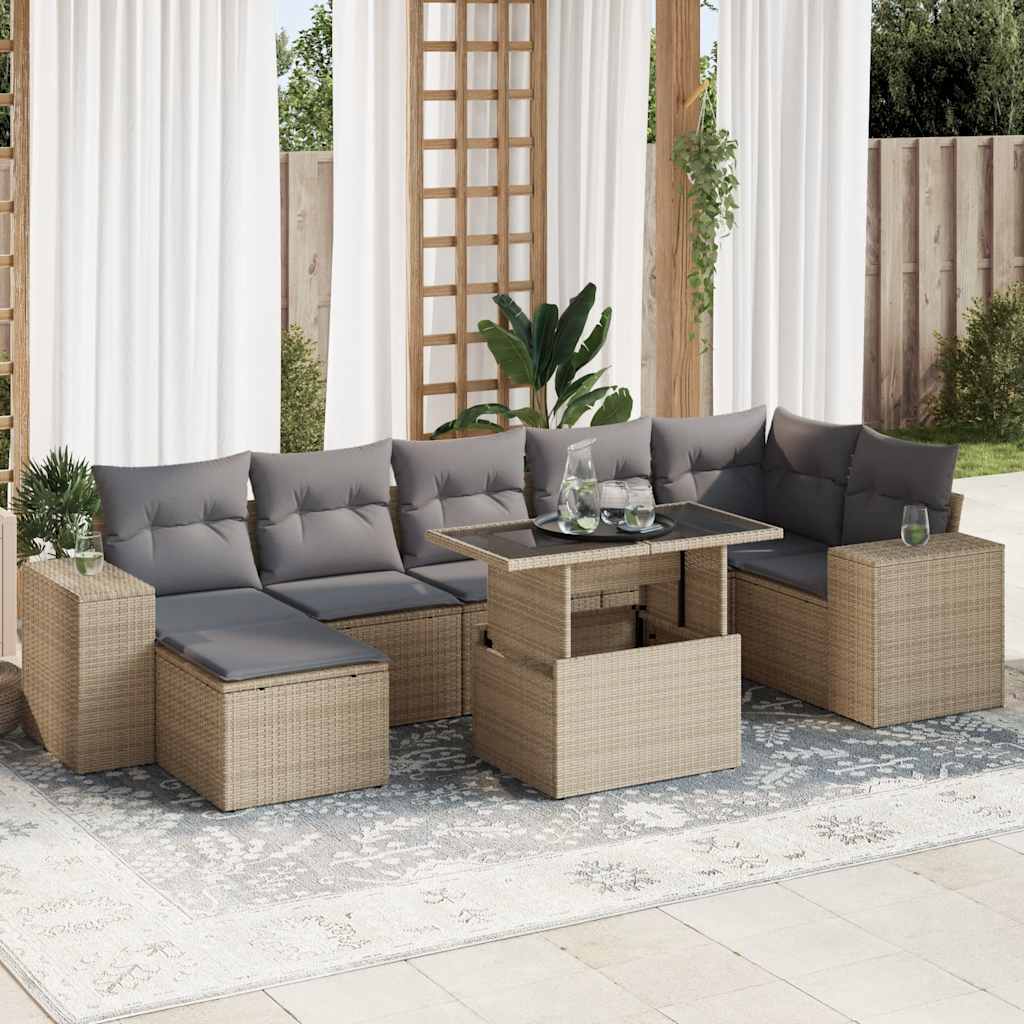 Set Divano da Giardino 8 pz con Cuscini Beige in Polyrattan