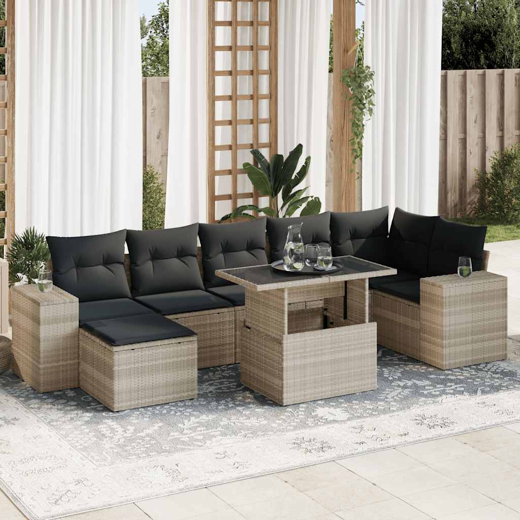 Set Divano da Giardino 8pz con Cuscini Grigio Chiaro Polyrattan