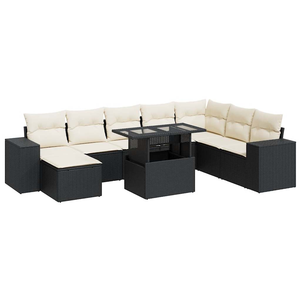 Set Divani da Giardino 9 pz con Cuscini Nero in Polyrattan