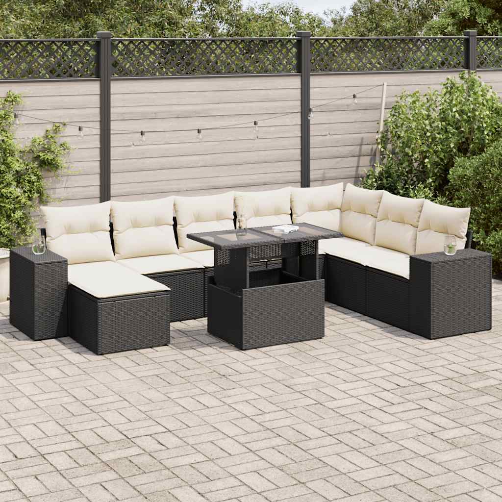 Set Divani da Giardino 9 pz con Cuscini Nero in Polyrattan