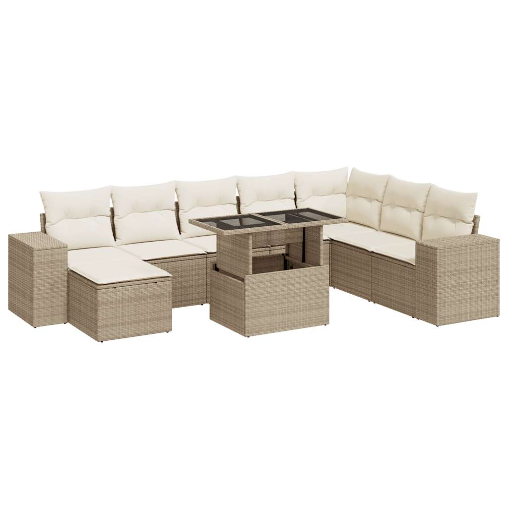 Set Divano da Giardino 9 pz con Cuscini Beige in Polyrattan