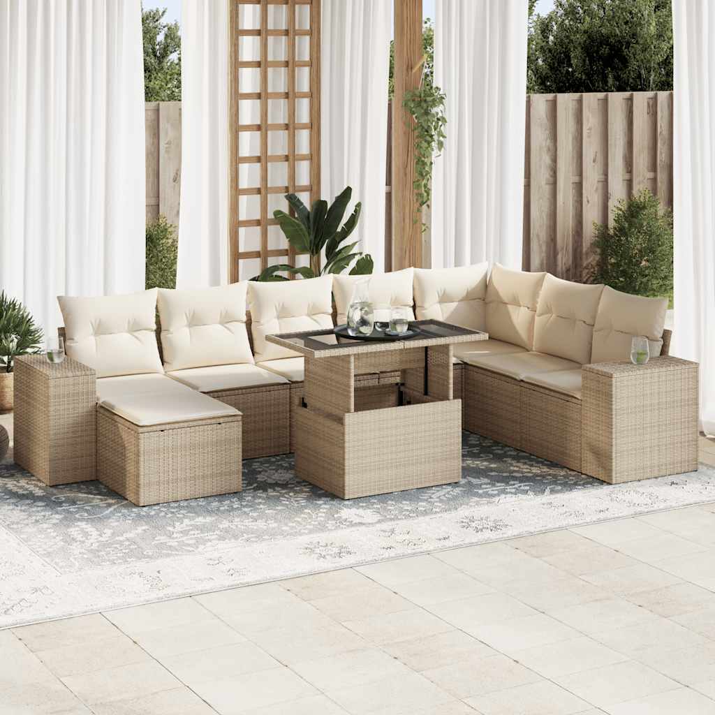 Set Divano da Giardino 9 pz con Cuscini Beige in Polyrattan