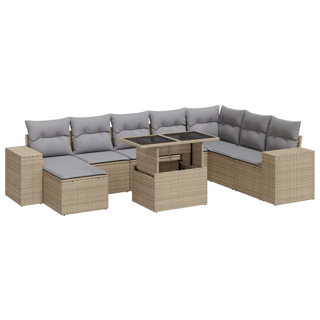 Set Divano da Giardino 9 pz con Cuscini Beige in Polyrattan