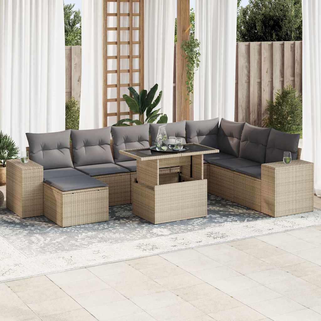 Set Divano da Giardino 9 pz con Cuscini Beige in Polyrattan