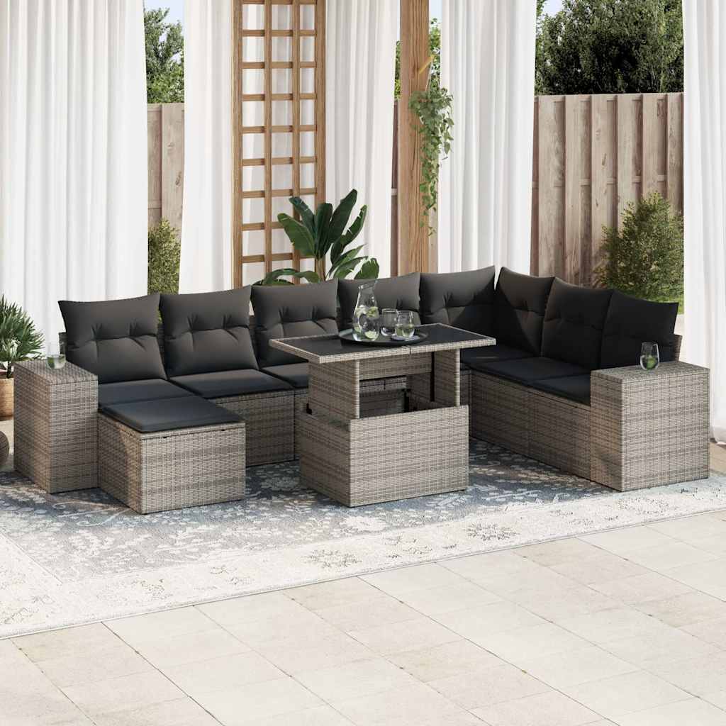 Set Divano da Giardino 9 pz con Cuscini Grigio in Polyrattan