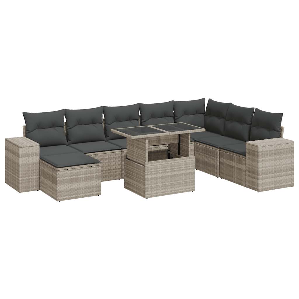 Set Divano da Giardino 9pz con Cuscini Grigio Chiaro Polyrattan