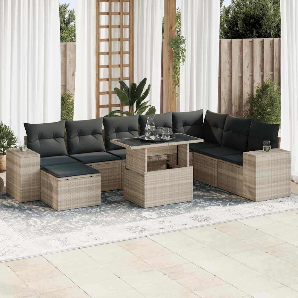 Set Divano da Giardino 9pz con Cuscini Grigio Chiaro Polyrattan