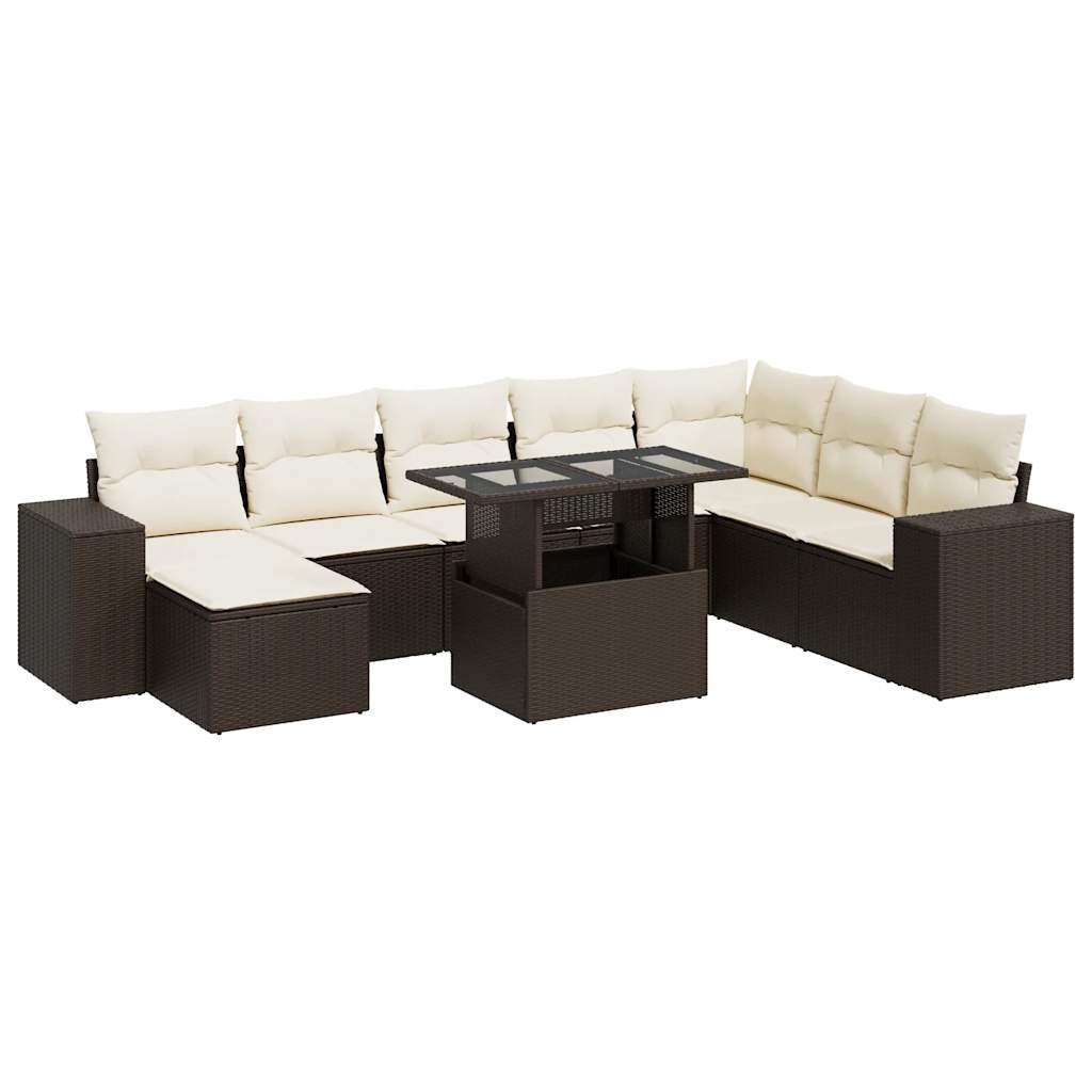 Set Divani da Giardino 9pz con Cuscini Marrone in Polyrattan