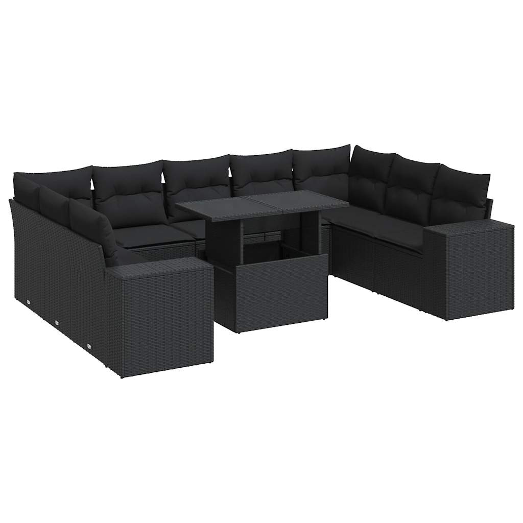 Set Divani da Giardino 10pz con Cuscini in Polyrattan Nero