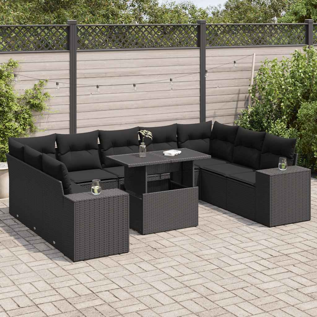 Set Divani da Giardino 10pz con Cuscini in Polyrattan Nero