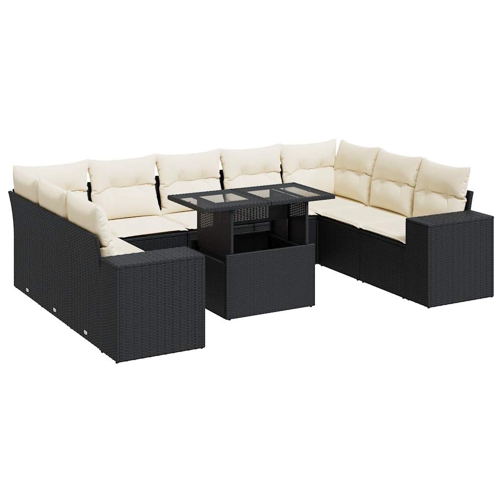 Set Divani da Giardino 10pz con Cuscini in Polyrattan Nero