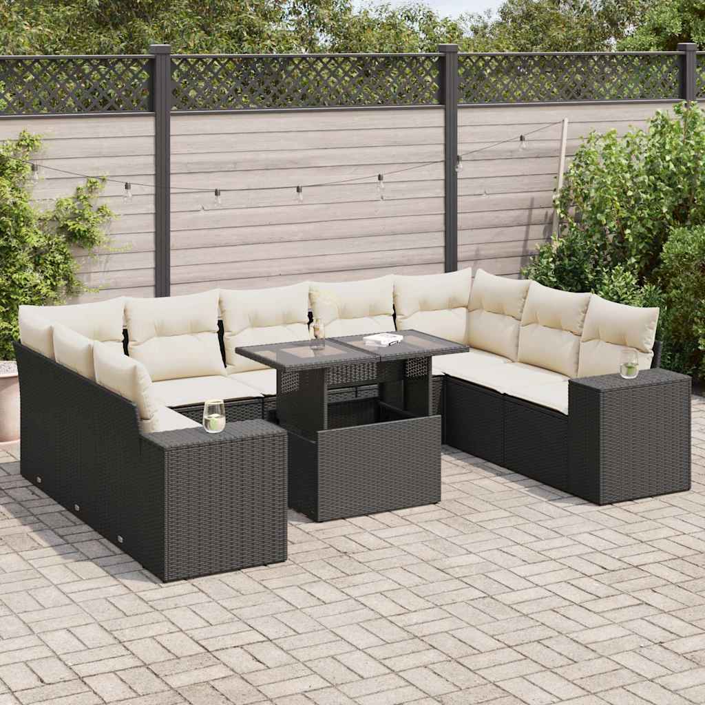 Set Divani da Giardino 10pz con Cuscini in Polyrattan Nero