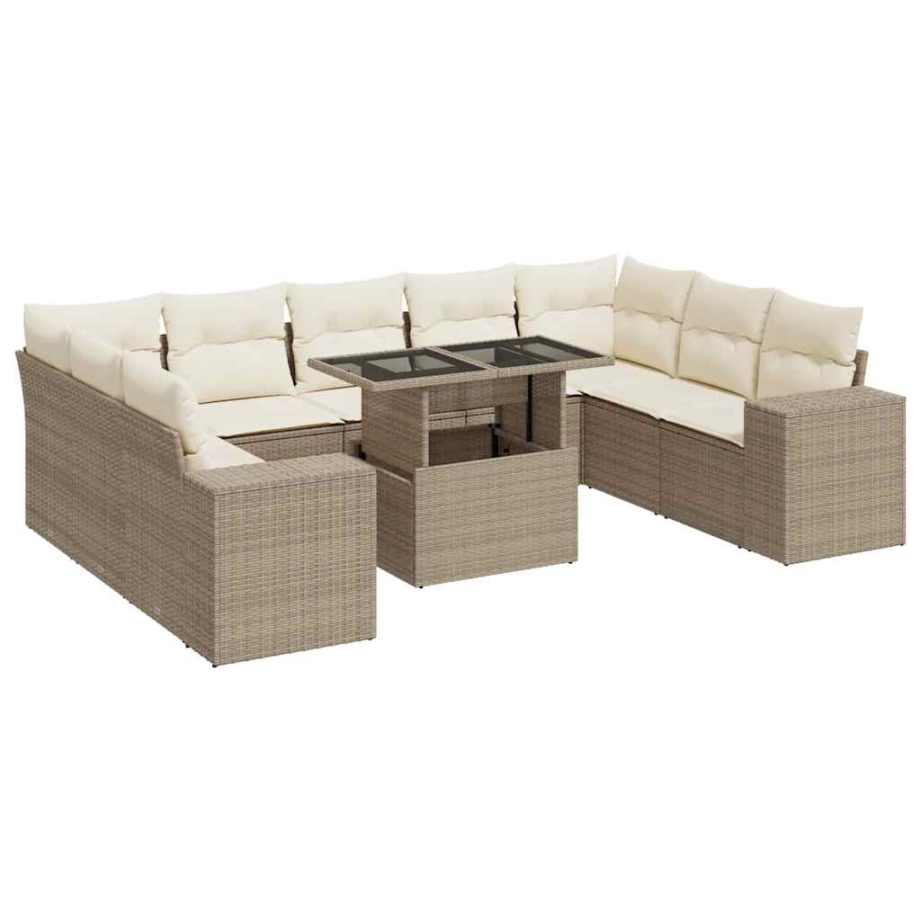 Set Divano da Giardino 10 pz con Cuscini Beige in Polyrattan