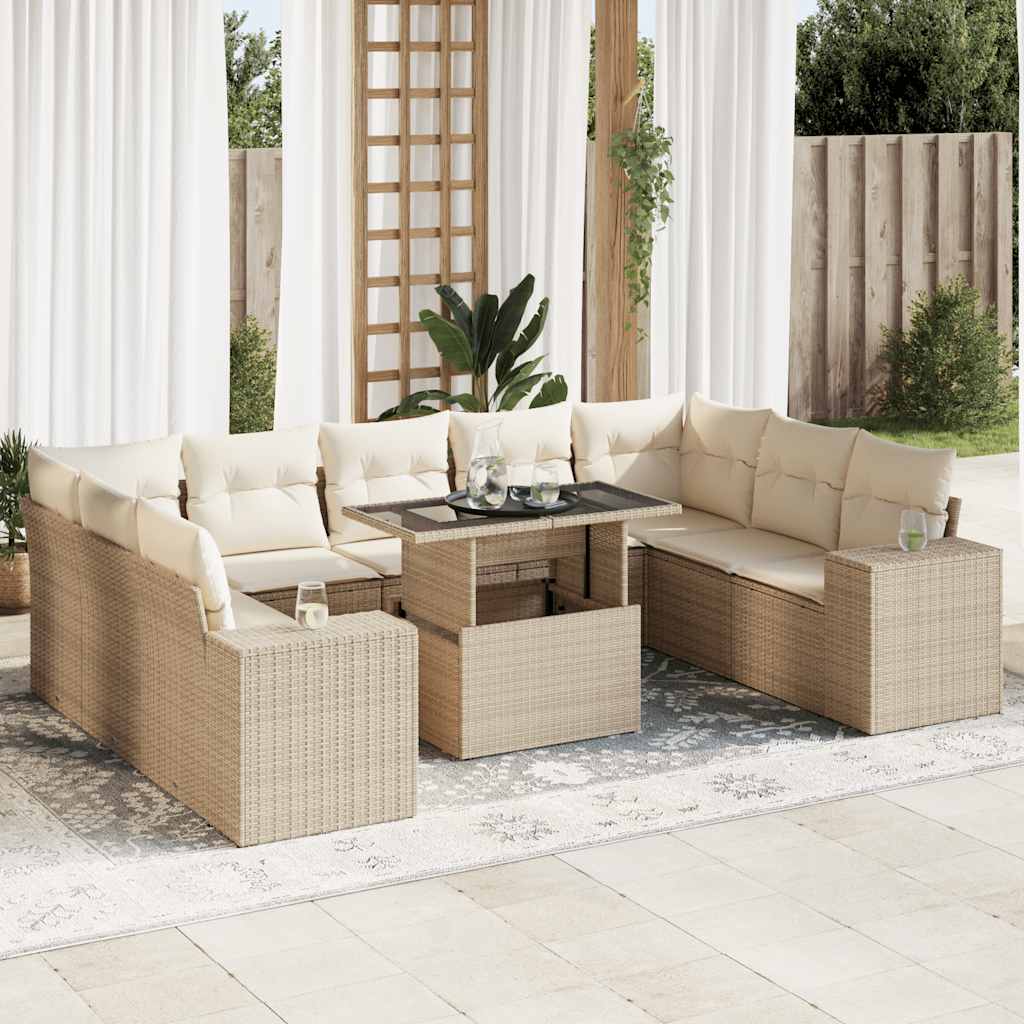 Set Divano da Giardino 10 pz con Cuscini Beige in Polyrattan