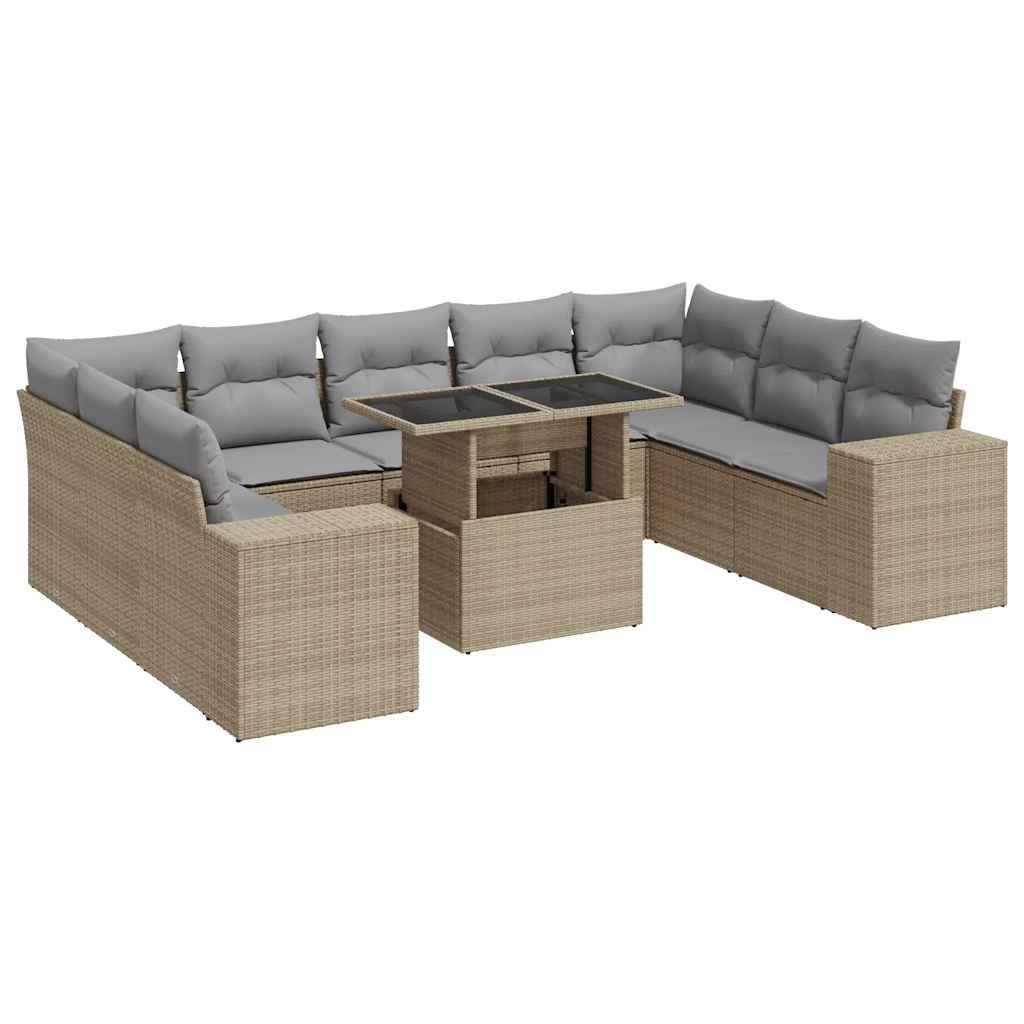 Set Divano da Giardino 10 pz con Cuscini Beige in Polyrattan