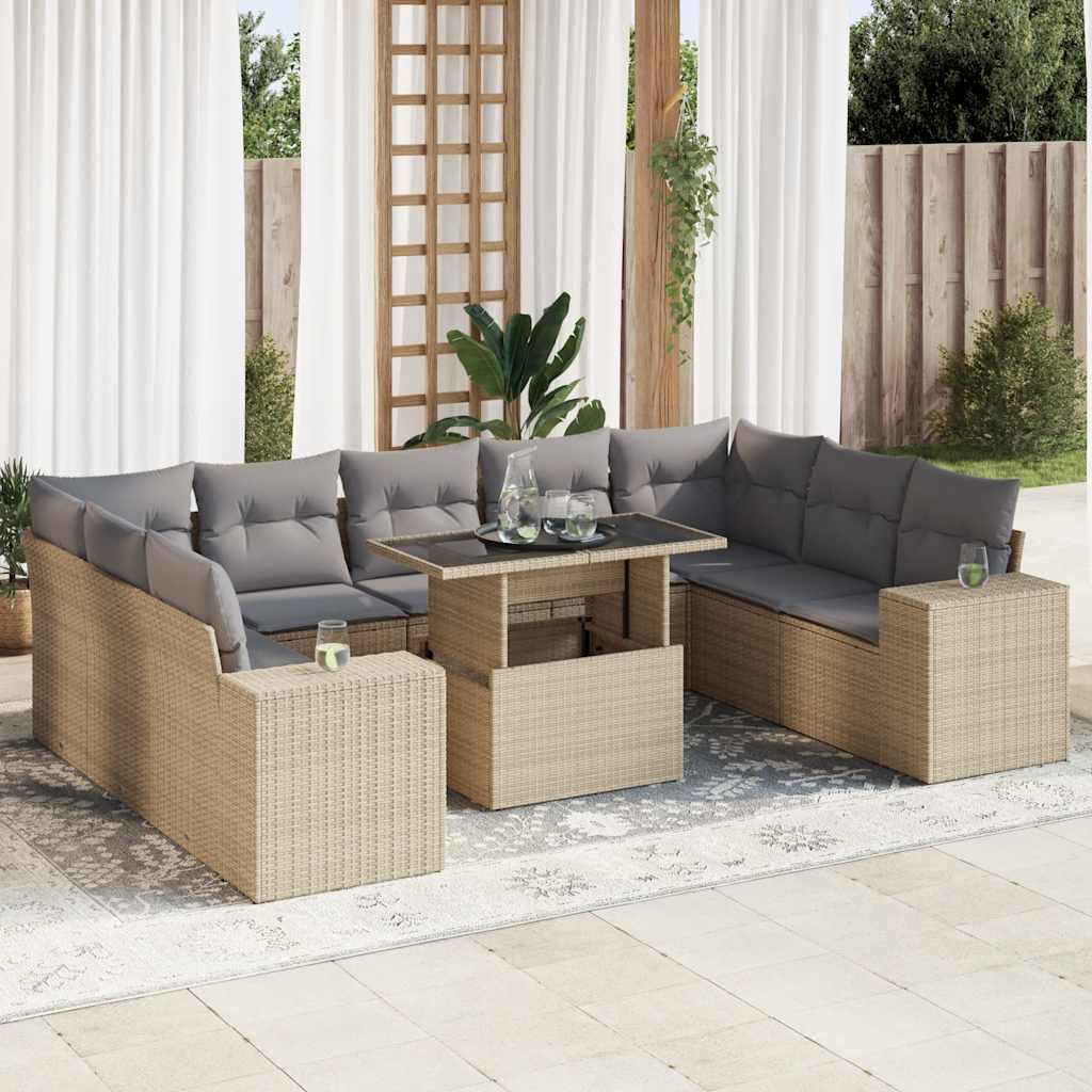 Set Divano da Giardino 10 pz con Cuscini Beige in Polyrattan