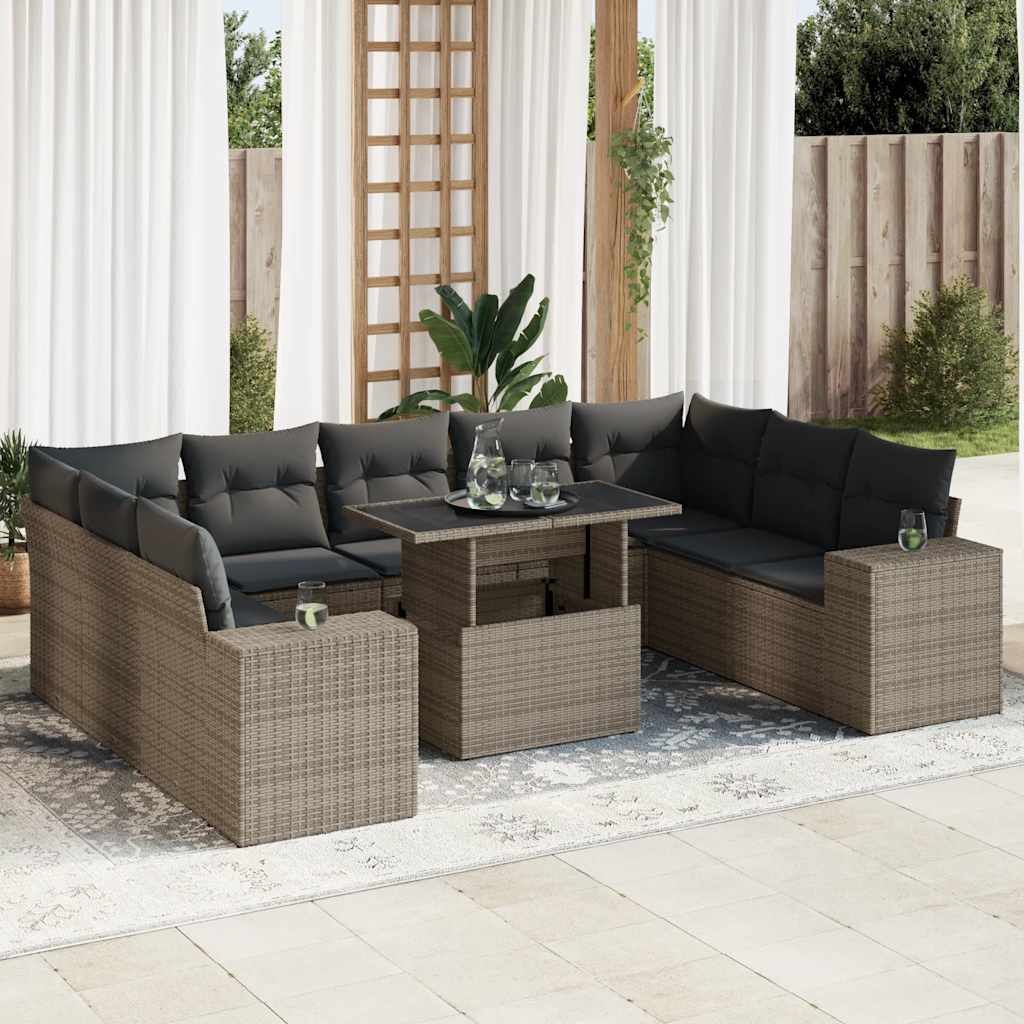 Set Divano da Giardino 10 pz con Cuscini Grigio in Polyrattan