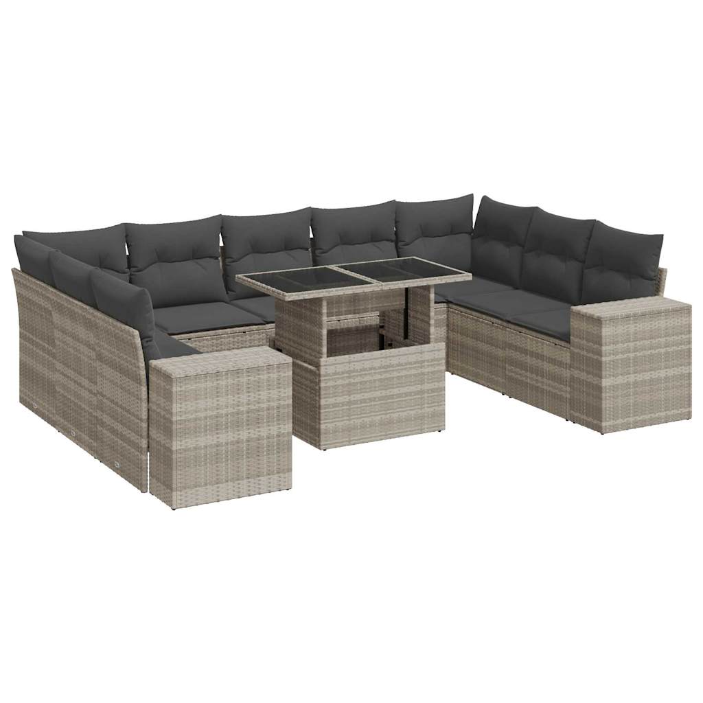 Set Divano Giardino 10 pz con Cuscini Grigio Chiaro Polyrattan