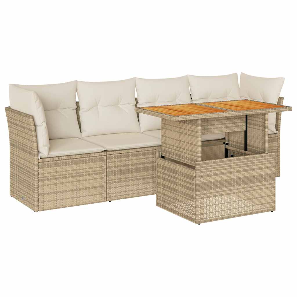 Set Divano da Giardino 5 pz con Cuscini Beige in Polyrattan