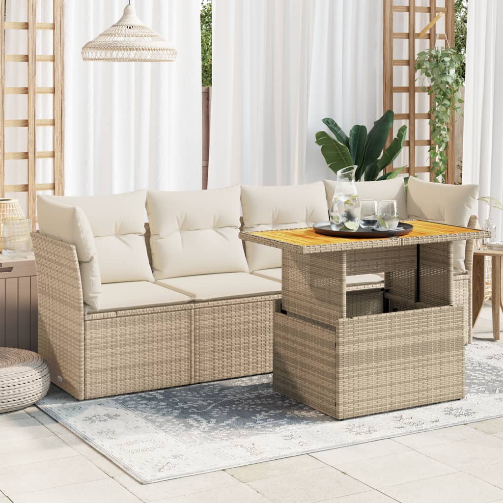 Set Divano da Giardino 5 pz con Cuscini Beige in Polyrattan