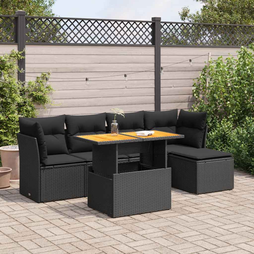 Set Divano da Giardino 6 pz con Cuscini Nero in Polyrattan