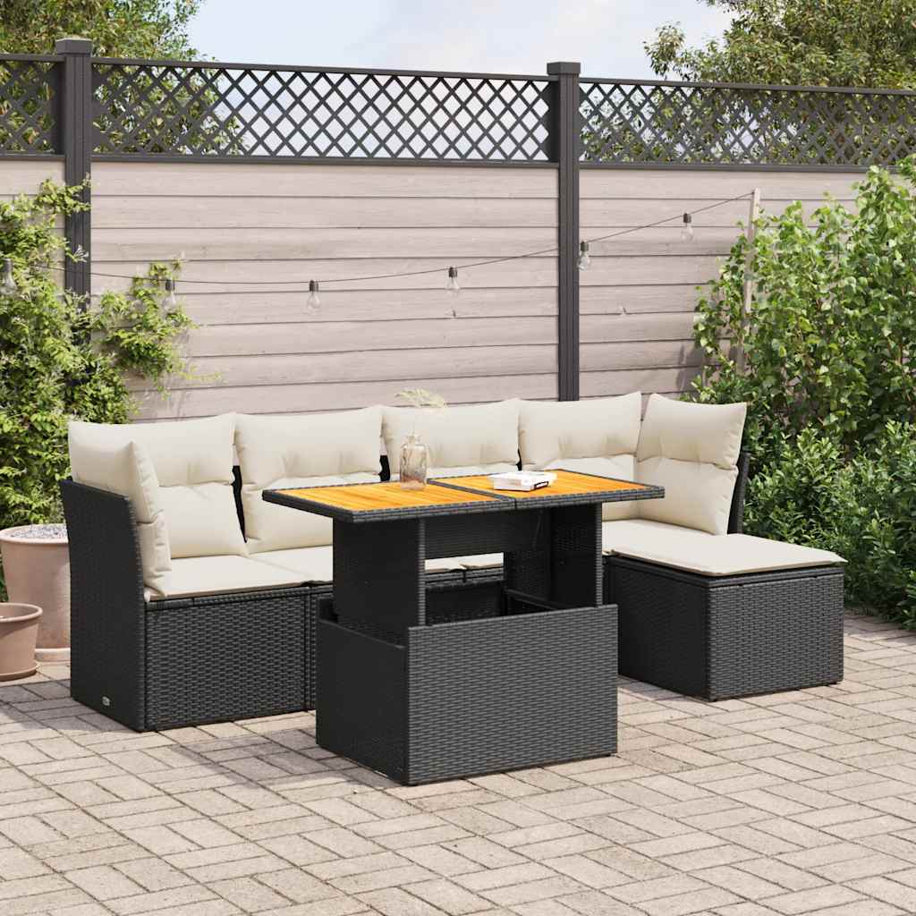 Set Divano da Giardino 6 pz con Cuscini Nero in Polyrattan