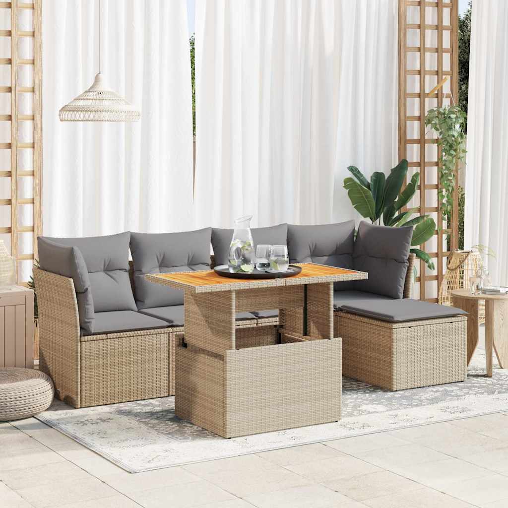 Set Divano da Giardino 6 pz con Cuscini Beige in Polyrattan