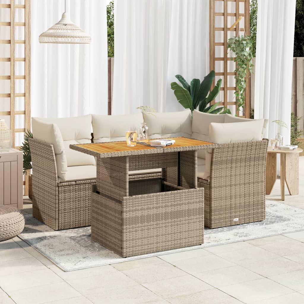 Set Divano da Giardino 5 pz con Cuscini Beige in Polyrattan