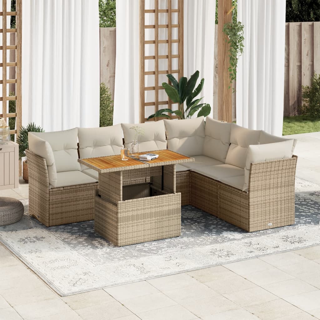 Set Divani da Giardino 7 pz con Cuscini Beige in Polyrattan