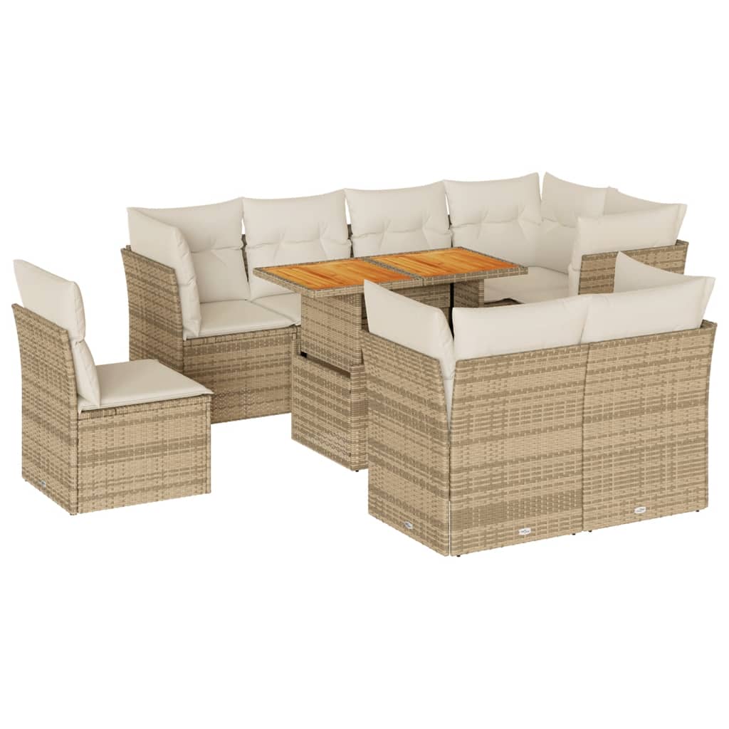 Set Divano da Giardino 9 pz con Cuscini Beige in Polyrattan