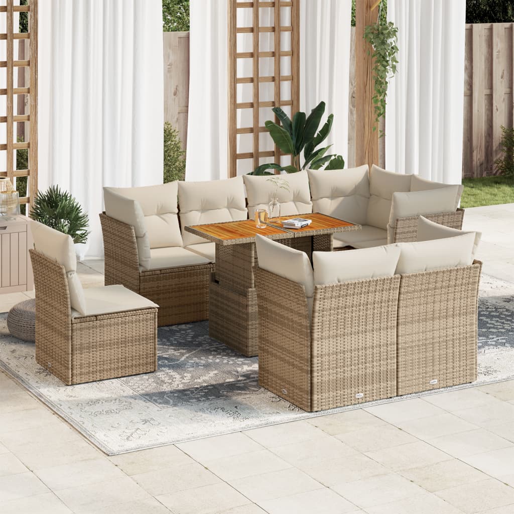 Set Divano da Giardino 9 pz con Cuscini Beige in Polyrattan