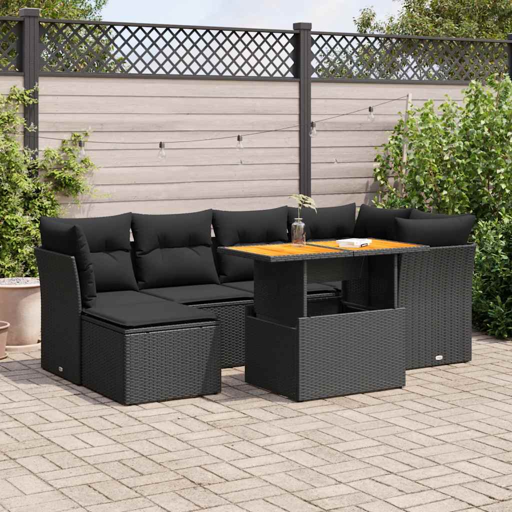 Set Divani da Giardino con Cuscini 7pz Nero Polyrattan